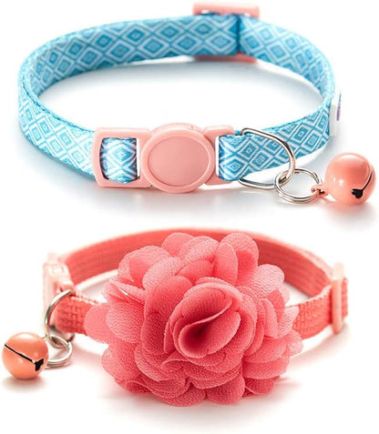 Chowsing 2Pcs Kitten Collars with Flower Breakaway Cat Collars with Bell Adjustable Strap Kitten Collars for Girls Safety Buckle Cat Collars