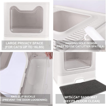 Foldable Cat Litter Box with Lid, Large Cat Litter Box Enclosed with Mat and Litter Scoop, Top Entrance Covered Litter Box Drawer Pan Design Type Kitty Litter Toilet for Cats