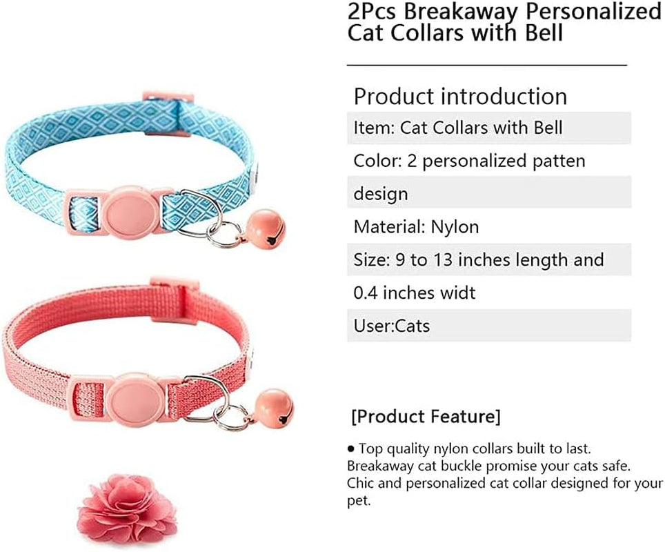 Chowsing 2Pcs Kitten Collars with Flower Breakaway Cat Collars with Bell Adjustable Strap Kitten Collars for Girls Safety Buckle Cat Collars