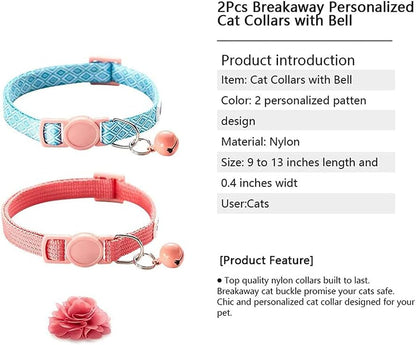 Chowsing 2Pcs Kitten Collars with Flower Breakaway Cat Collars with Bell Adjustable Strap Kitten Collars for Girls Safety Buckle Cat Collars