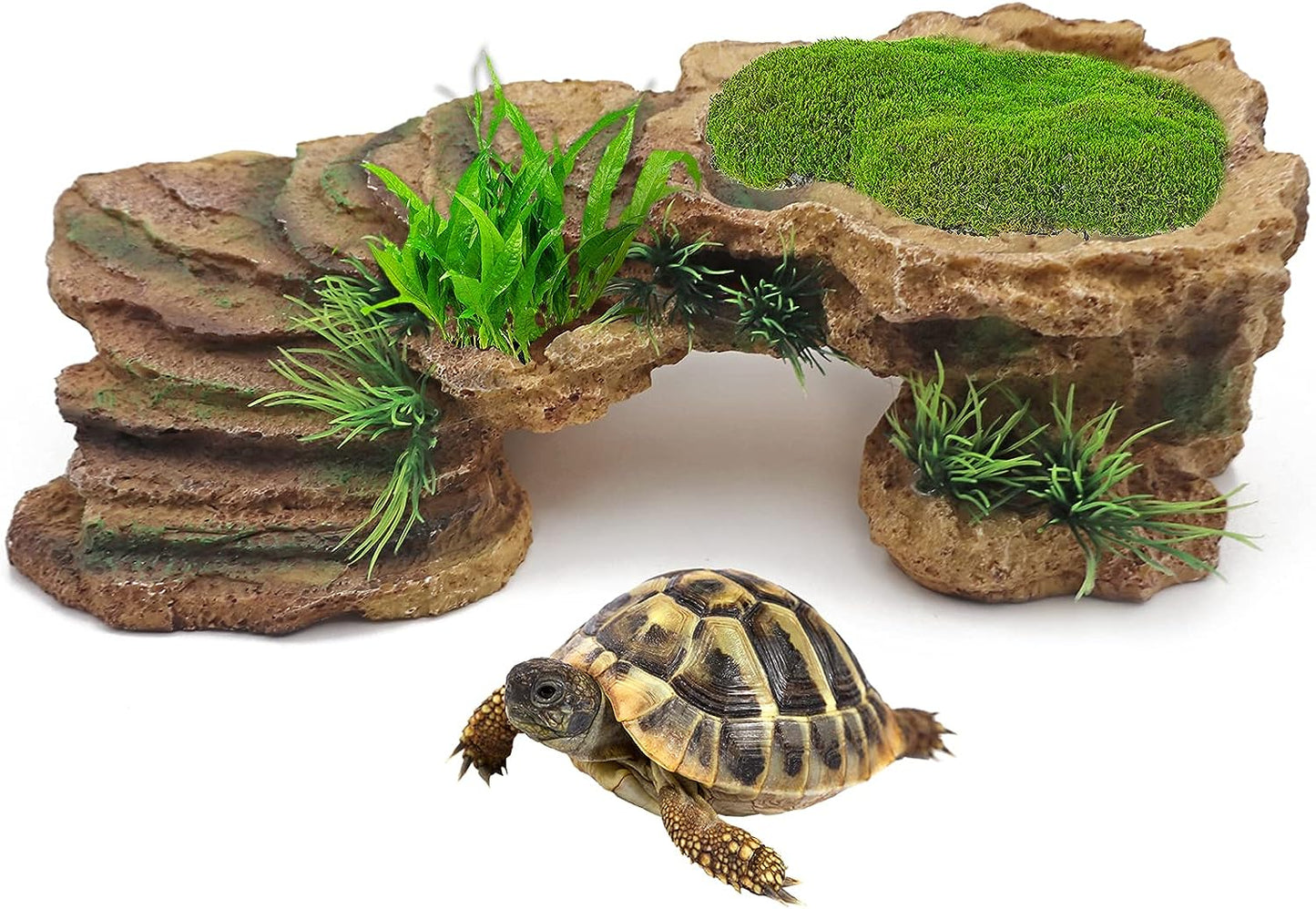 Turtle Basking Platform Reptile Terrarium Hideout Tortoise Resin Rock Hide Cave Habitat Ornament for Bearded Dragon Frogs Lizards Spiders Fish Amphibians Aquarium, Small