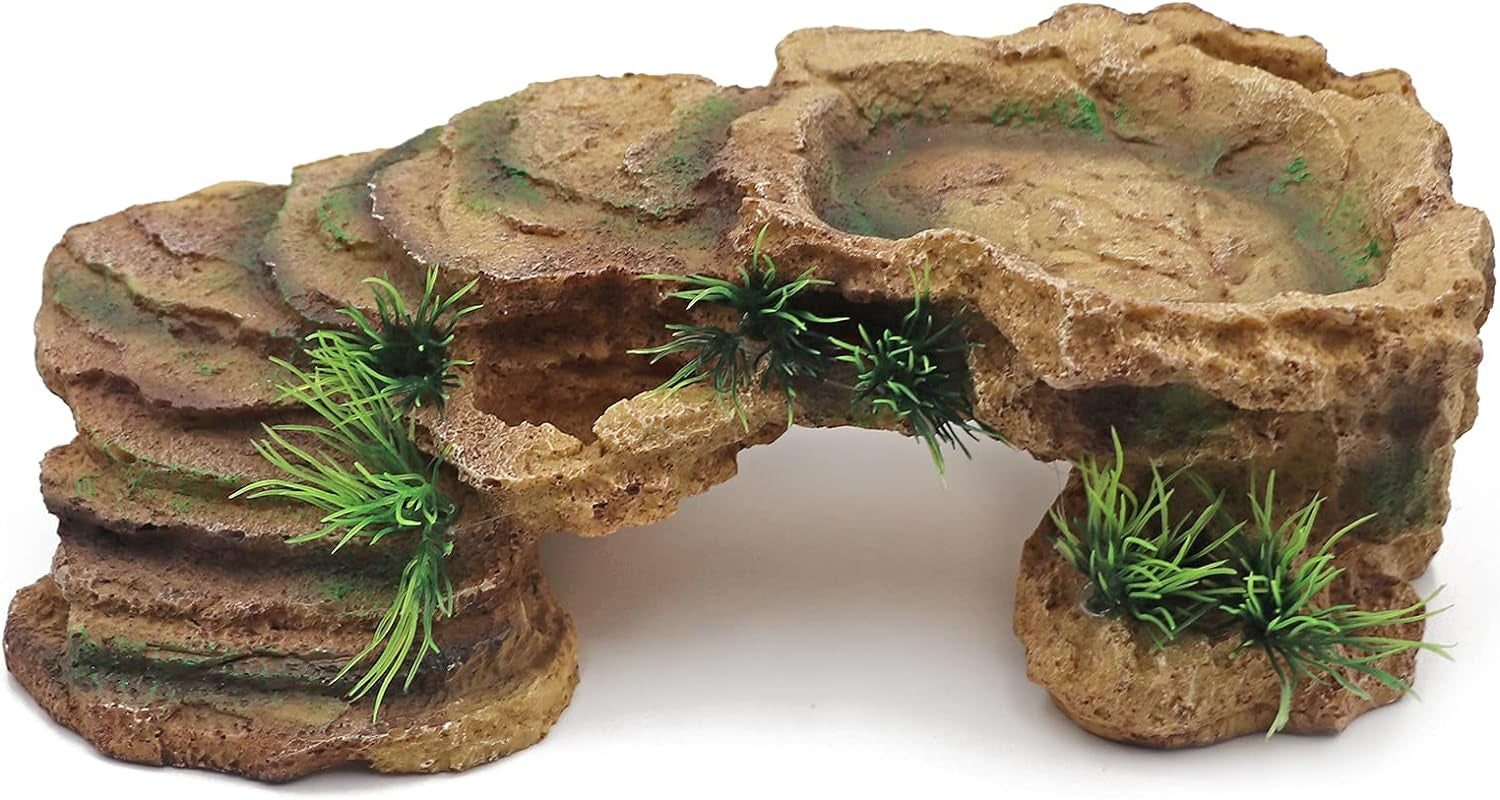 Turtle Basking Platform Reptile Terrarium Hideout Tortoise Resin Rock Hide Cave Habitat Ornament for Bearded Dragon Frogs Lizards Spiders Fish Amphibians Aquarium, Small