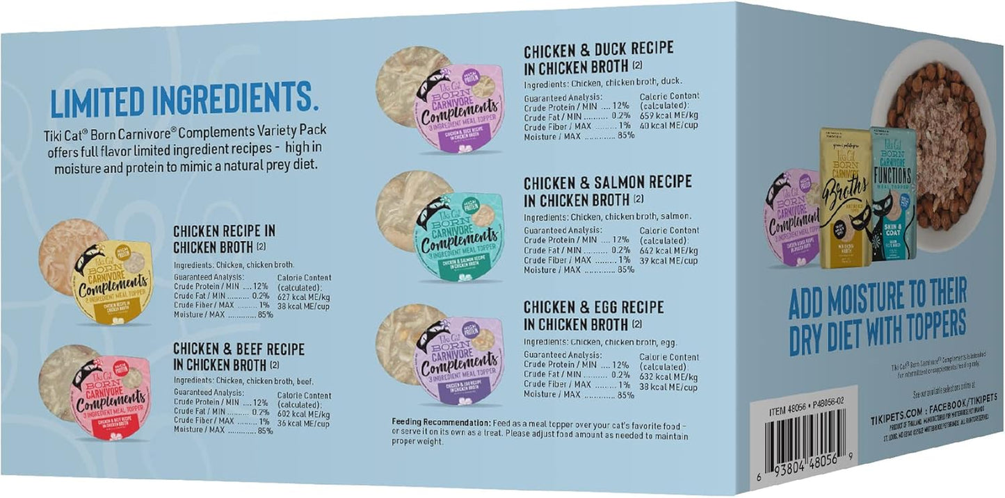 Tiki Cat Born Carnivore Complements Variety Pack, Chicken Blends, Wet, High-Protein & High-Moisture Cat Food Topper, 2.1 Oz. Cups (Pack of 10)