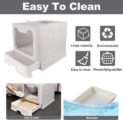 Foldable Cat Litter Box with Lid, Large Cat Litter Box Enclosed with Mat and Litter Scoop, Top Entrance Covered Litter Box Drawer Pan Design Type Kitty Litter Toilet for Cats