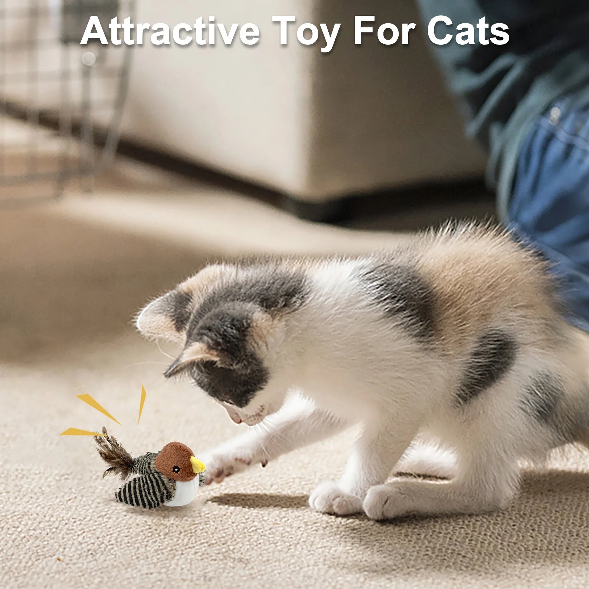 Interactive Electronic Cat Toy, Automatic Chirping Bird Toy Squeaky with Feather Tail, Melody Chaser Toy for Cats to Play Alone, Play and Squeak Kitten Toy for Boredom