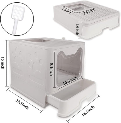 Foldable Cat Litter Box with Lid, Large Cat Litter Box Enclosed with Mat and Litter Scoop, Top Entrance Covered Litter Box Drawer Pan Design Type Kitty Litter Toilet for Cats