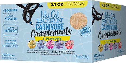 Tiki Cat Born Carnivore Complements Variety Pack, Chicken Blends, Wet, High-Protein & High-Moisture Cat Food Topper, 2.1 Oz. Cups (Pack of 10)