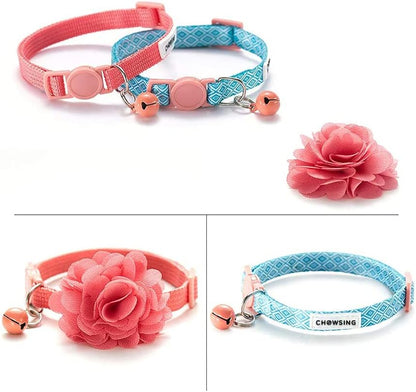 Chowsing 2Pcs Kitten Collars with Flower Breakaway Cat Collars with Bell Adjustable Strap Kitten Collars for Girls Safety Buckle Cat Collars